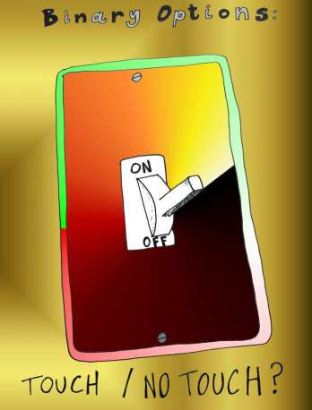 comic strip panel of a wall mounted light switch similar to a binary options trade